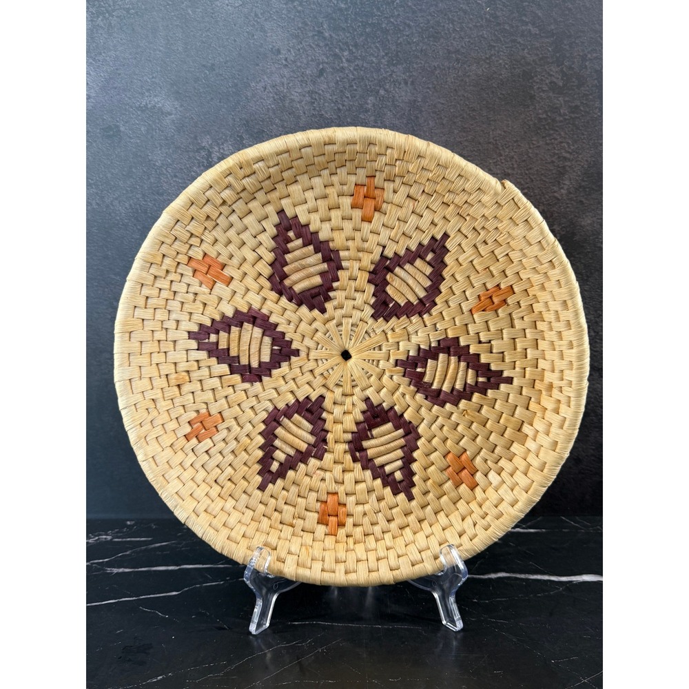 Vintage Woven Wicker Seagrass 12.5in Basket Tray Geometric Tribal Design